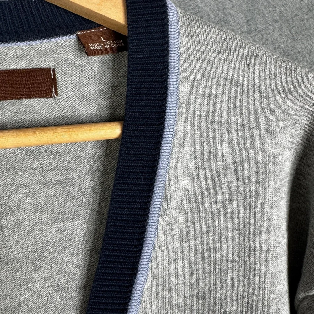 Perry Ellis Mens Gray‎ Varsity Tennis V-Neck Button Front Cardigan Sweater L